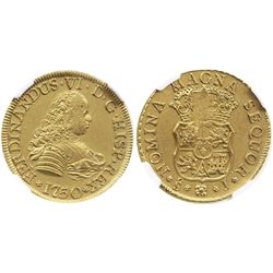 Santiago, Chile, bust 4 escudos, Ferdinand VI, 1750/5J, from the Luz (1752), encapsulated NGC AU 55.