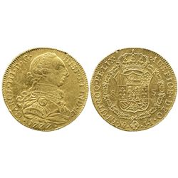 Bogota, Colombia, bust 8 escudos, Charles III, 1777JJ.