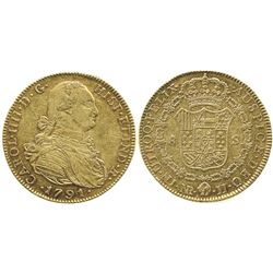 Bogota, Colombia, bust 8 escudos, Charles IV, 1791JJ, no dot between assayers.