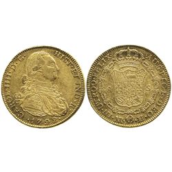 Bogota, Colombia, bust 8 escudos, Charles IV, 1792JJ, no dot between assayers.