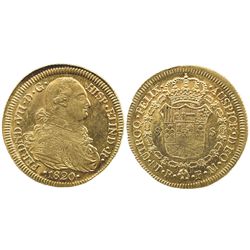 Popayan, Colombia, bust 8 escudos, Ferdinand VII (bust of Charles IV), 1820FM, dot after HISP.