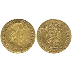 Popayan, Colombia, bust 4 escudos, Charles III (bust of Ferdinand VI), 1769J.