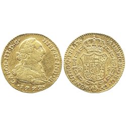 Bogota, Colombia, bust 2 escudos, Charles III, 1772VJ.