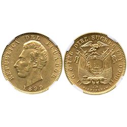 Ecuador (struck in Birmingham, England), 10 sucres, 1899JM-BIRMINGHAM, encapsulated NGC AU 58.