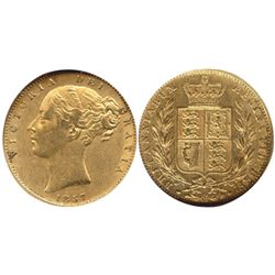 London, England, sovereign, Victoria (young head), 1857, from the Douro (1882), encapsulated NGC AU