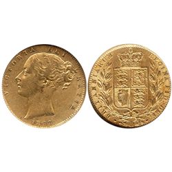 London, England, sovereign, Victoria (young head), 1862, from the Douro (1882), encapsulated NGC AU