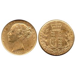 London, England, sovereign, Victoria (young head), 1863, die 13, from the Douro (1882), encapsulated