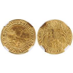 Seville, Spain, double excelente, Ferdinand-Isabel, S and 3 dots above 8-point star between busts, e