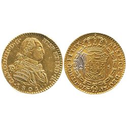 Contemporary counterfeit in gilt platinum of a Madrid, Spain, bust 2 escudos, Charles IV, 1801FM, ve
