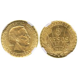 Uruguay (struck in Paris), 5 pesos, 1930, Artigas centennial, encapsulated NGC MS 64.