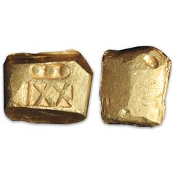 Small, coin-like cut piece of a gold "finger" bar, 28.5 grams, marked with fineness XXI and three do