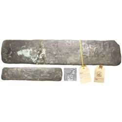 Long, thin, flat "tumbaga" silver bar #1161, 3 lb 1 oz av, marked with assayer/owner B~Vo, serial RC