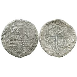 Lima, Peru, cob 8 reales, Philip II, assayer Diego de la Torre, P-8 (flat top) to left, *-oD to righ