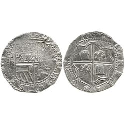 Potosi, Bolivia, cob 8 reales, Philip II, assayer B (3rd period), Grade 1.