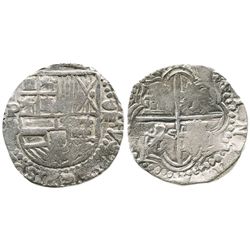Potosi, Bolivia, cob 8 reales, Philip II, assayer B (5th period), Grade-1 quality but Grade 2 on the