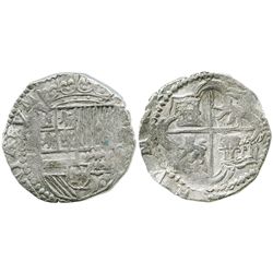 Potosi, Bolivia, cob 8 reales, Philip II, assayer B (5th period), Grade-1 quality but Grade 2 on the