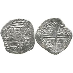 Potosi, Bolivia, cob 8 reales, Philip III, assayer M, Grade 3 (Grade-2 quality).