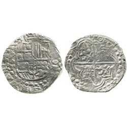 Potosi, Bolivia, cob 8 reales, Philip III, assayer T, quadrants of cross transposed, Grade 2.