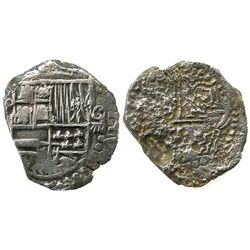Potosi, Bolivia, cob 8 reales, Philip III, assayer not visible, quadrants of cross transposed, Grade