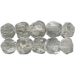 Lot of 5 Potosi, Bolivia, cob 8 reales, Philip III, various assayers (where visible), all Grade 2.