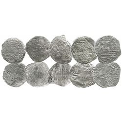 Lot of 5 Potosi, Bolivia, cob 8 reales, Philip III, various assayers (where visible), all Grade 3.