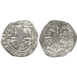 Potosi, Bolivia, cob 2 reales, Philip II, assayer R (Ramos), Grade 2.