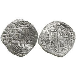 Potosi, Bolivia, cob 2 reales, Philip II, assayer B (4th period), Grade 1.