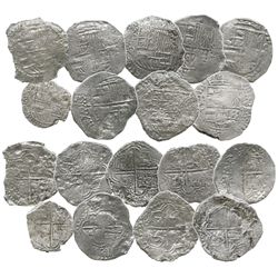 Lot of 9 Potosi, Bolivia, silver cobs (eight 8R and one 4R), assayers Q, T or not visible, Grades 1