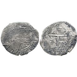 Potosi, Bolivia, cob 8 reales, (1649)O, with two countermarks on cross (rare): crowned T and crowned