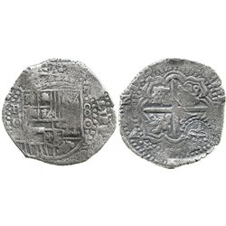 Potosi, Bolivia, cob 8 reales, 1650O, with crowned-script-L countermark on cross (very rare).