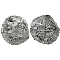 Potosi, Bolivia, cob 8 reales, 165/40O, date at 5 o'clock, with crowned-O countermark on cross.