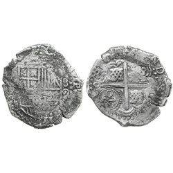 Potosi, Bolivia, cob 8 reales, (1650)O, with crowned-L countermark on cross.