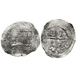 Potosi, Bolivia, cob 8 reales, (1650-1)O, with crowned-? countermark on cross.