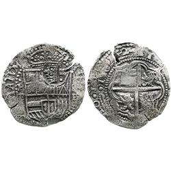 Potosi, Bolivia, cob 8 reales, 1652E (very rare final date for shield-type), with crowned-.F. counte