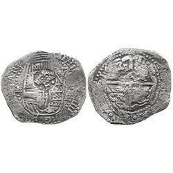 Potosi, Bolivia, cob 8 reales, 16(51-2)E, with crowned-.F. countermark on shield.