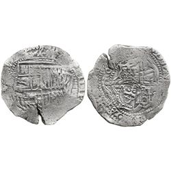 Potosi, Bolivia, cob 8 reales, 165(?)(O or E), with crowned-O countermark on cross.