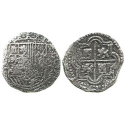 Potosi, Bolivia, cob 2 reales, Philip II, assayer B (5th period), border of x's on obverse.