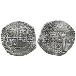 Potosi, Bolivia, cob 4 reales, 1652E transitional, McLean Type II, rare variety with rotated 4's.