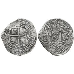 Potosi, Bolivia, cob 8 reales, 1652E post-transitional (Type VIII/B), 1-PH-6 at top, rare error with