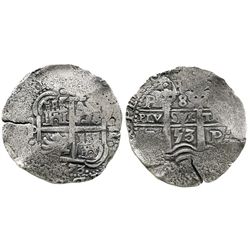 Potosi, Bolivia, cob 8 reales, 1653E, dot-PH-dot at top.