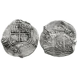Potosi, Bolivia, cob 8 reales, 1653E, dot-PH-dot at top.