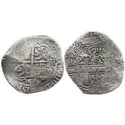 Potosi, Bolivia, cob 8 reales, 1653E, dot-PH-dot at top.