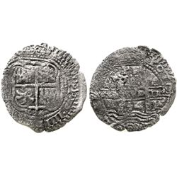 Potosi, Bolivia, cob 8 reales, 1654E, dot-PH-dot at top.
