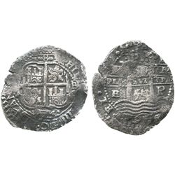 Potosi, Bolivia, cob 8 reales, 1654E, dot-PH-dot at top.
