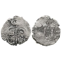 Potosi, Bolivia, cob 4 reales, 1652E (post-transitional), (1)-PH-6 at top with P punched over H, rar