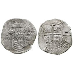 Potosi, Bolivia, cob 4 reales, 1653E, PH at top, rotated-4 denomination.