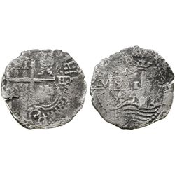 Potosi, Bolivia, cob 4 reales, 1653E, (dot-P)H-(dot) at top, rotated-4 denomination.