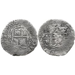Potosi, Bolivia, cob 4 reales, 1654E, dot-PH-dot at top.
