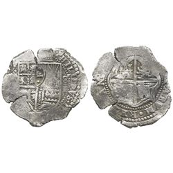 Potosi, Bolivia, cob 8 reales, (1651-2)E, with crowned-.F. countermark on shield.