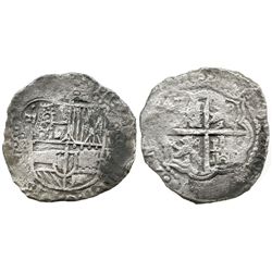 Potosi, Bolivia, cob 8 reales, (1651-2)E, with crowned-.F. countermark on shield.
